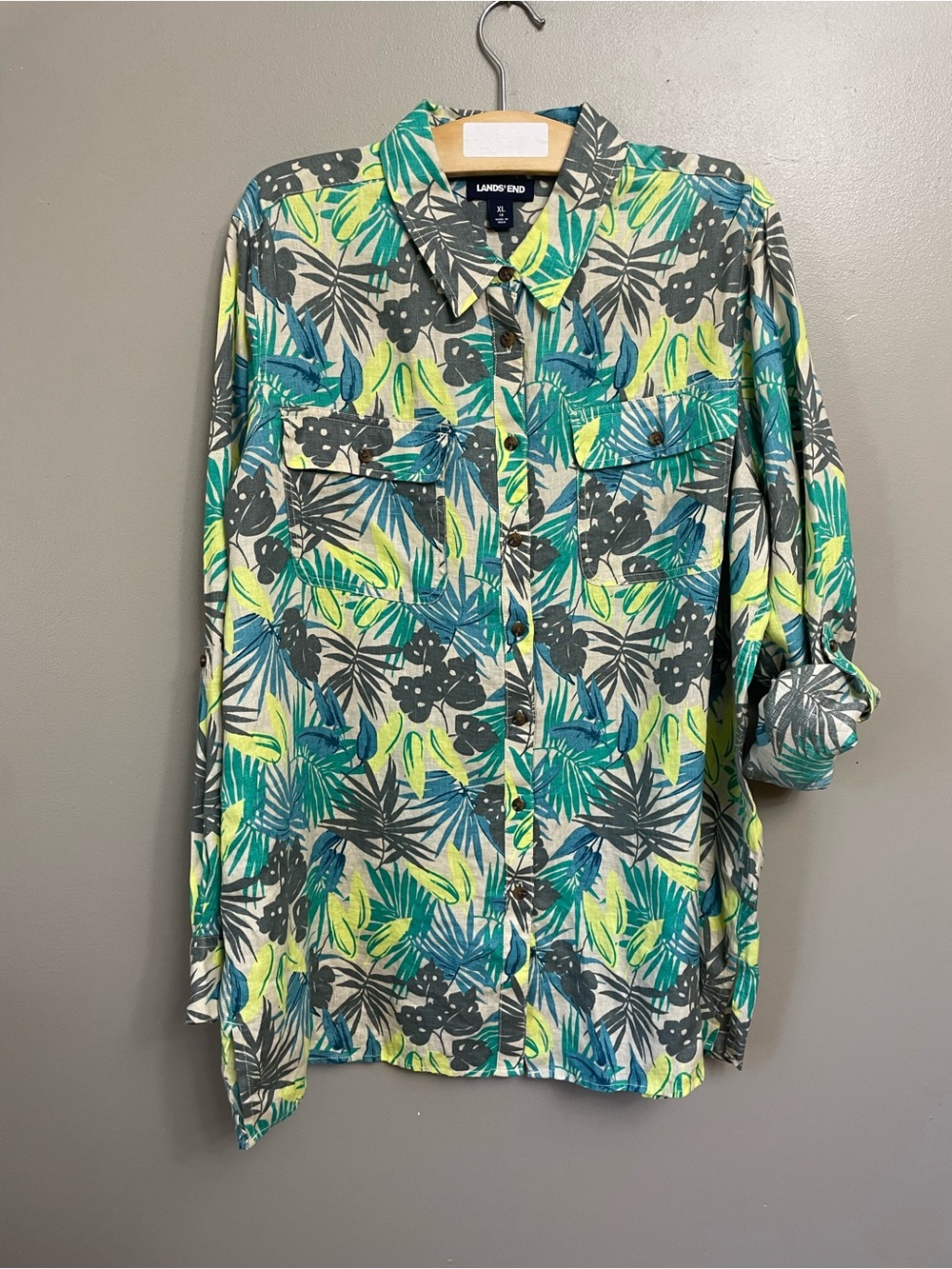 Lands' End XL 100% Linen Tunic Shirt Roll Tab Sleeves Tropical Hawaiian Print